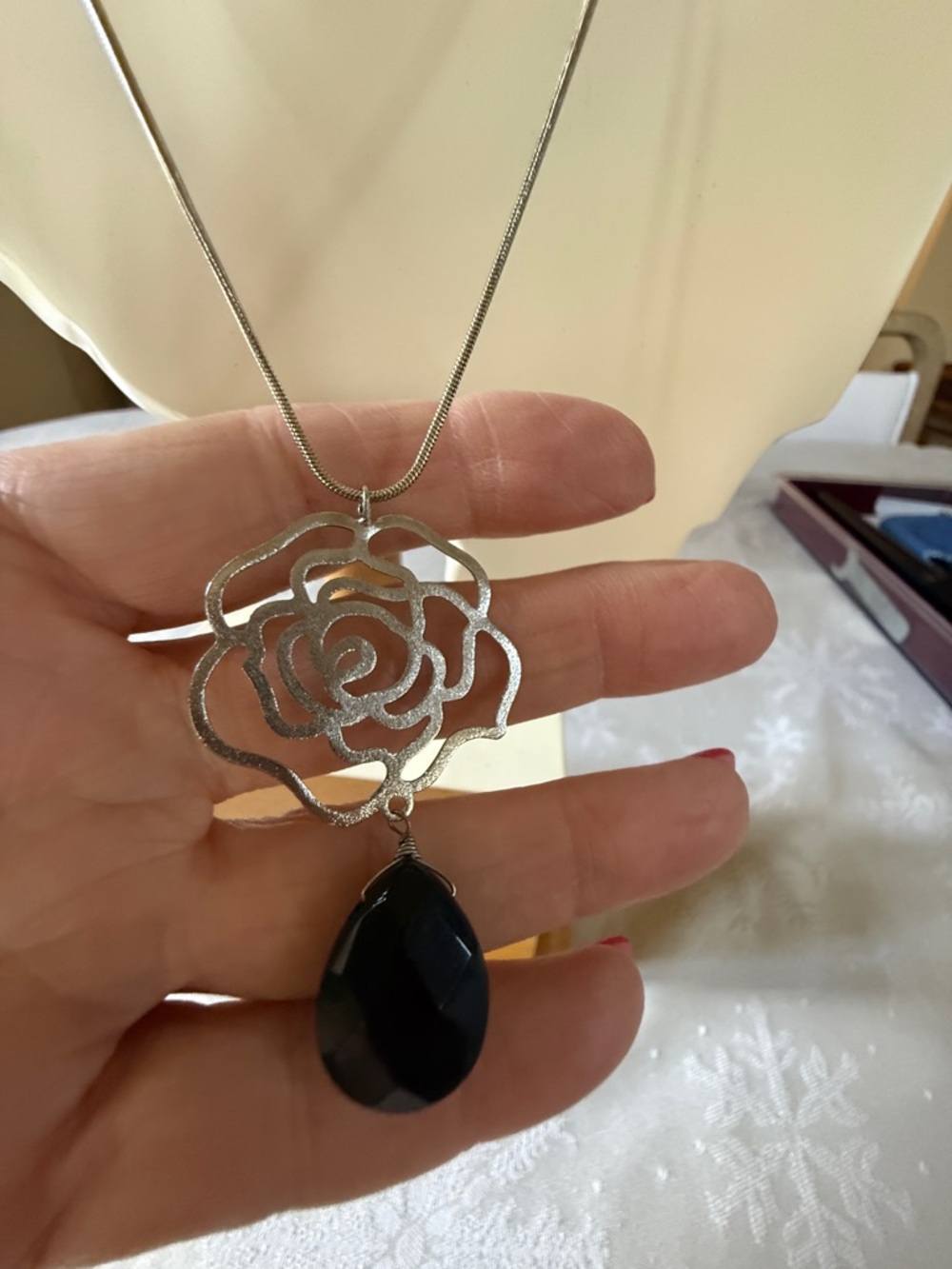 Silver Rose Pendant Necklace with Black Agate Teardrop Stone